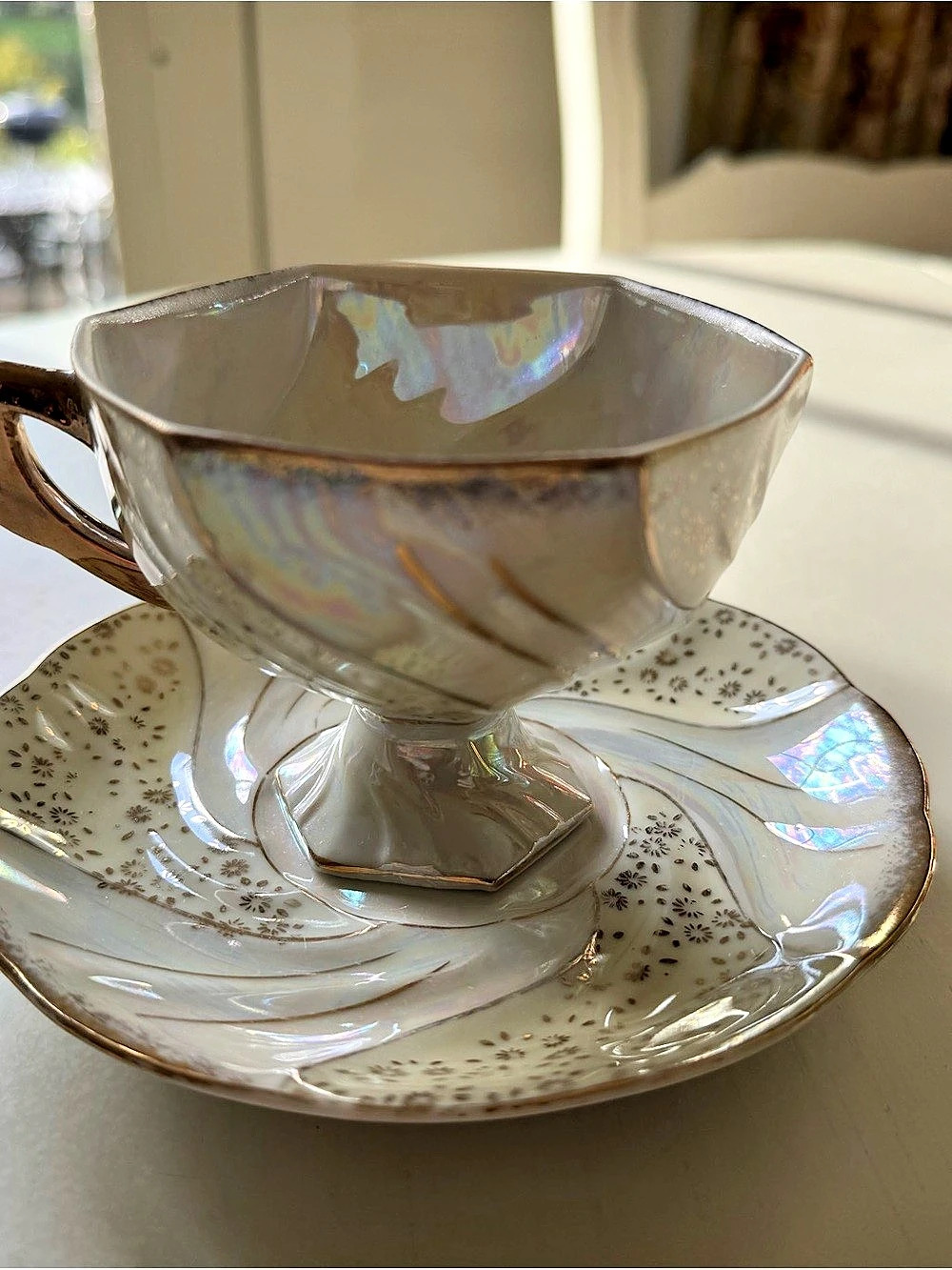 Vintage Japanese Lusterware Octagonal Teacup & Saucer Set, Iridescent Pearlescen